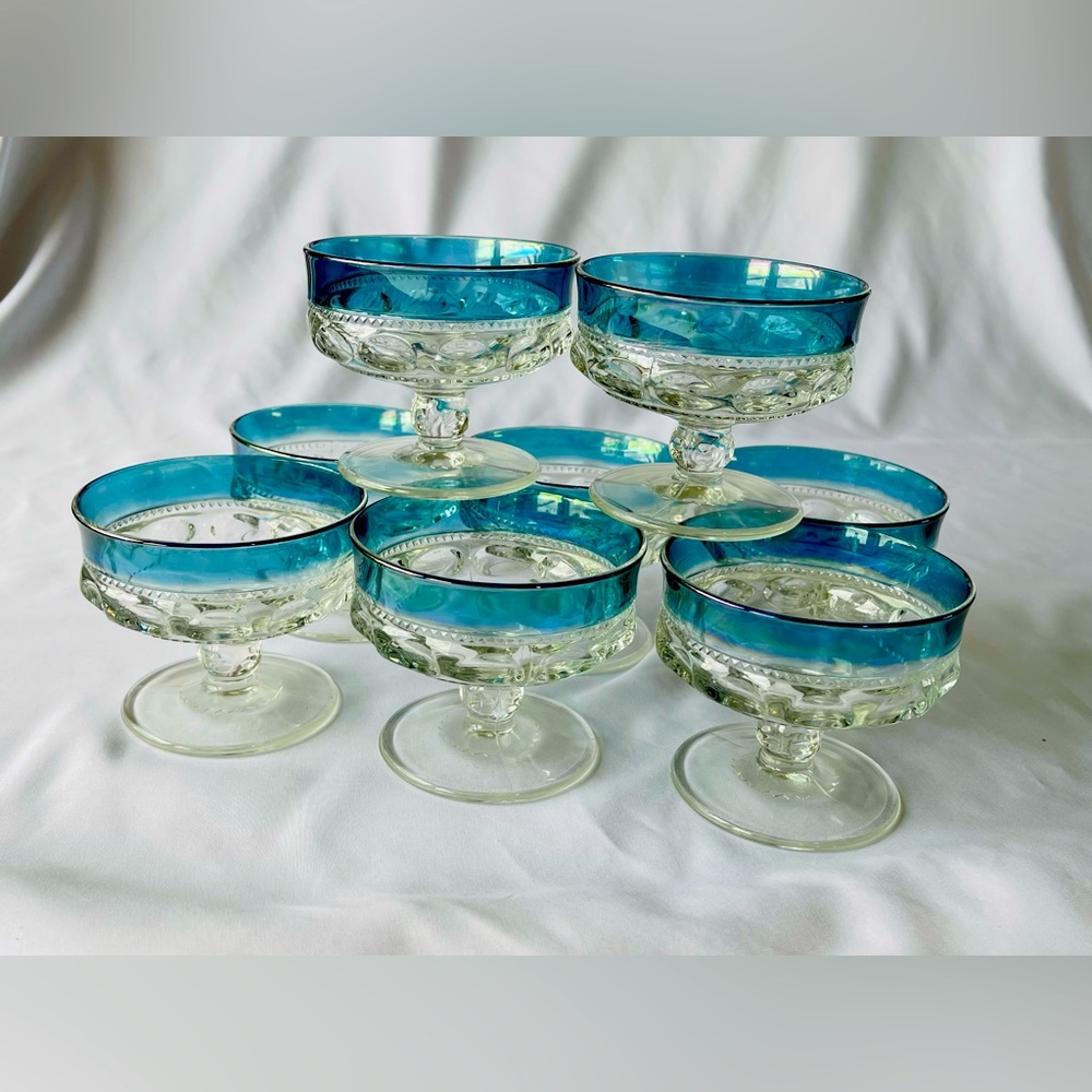 Rare set of 8 King's Crown-Blue Flashed (Top Only) Champagne/Tall Sherbet Glass